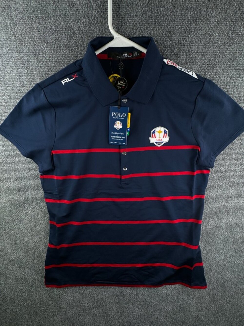 NWT RLX Ralph Lauren 2020 USA Ryder Cup Women Polo Shirt Large Blue Red Striped